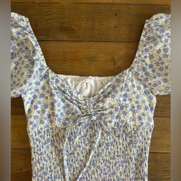 STORIA Smocked Bodycon Ditzy Floral Purple Green Mini Dress Puffy sleeves - Picture 9 of 9